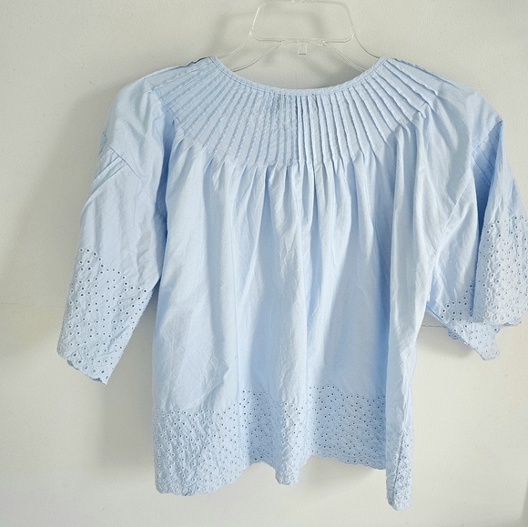 J. Crew Blue Eyelet Top Pleated Detail Full Sleeves - Picture 3 of 5